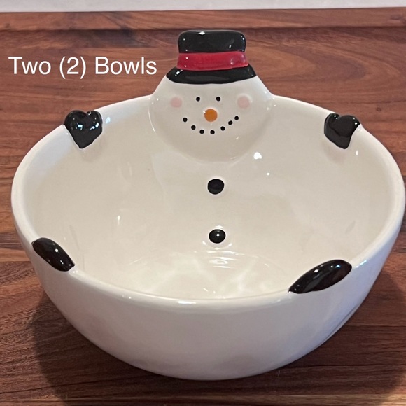 TWO (2) Magenta Ceramic Snowman Snack Bowls White/Black/Red - Picture 4 of 15